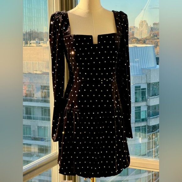 🆕 SELF-PORTRAIT 🧿 NWOT Black Velvet Diamante Mini Dress - Picture 5 of 16